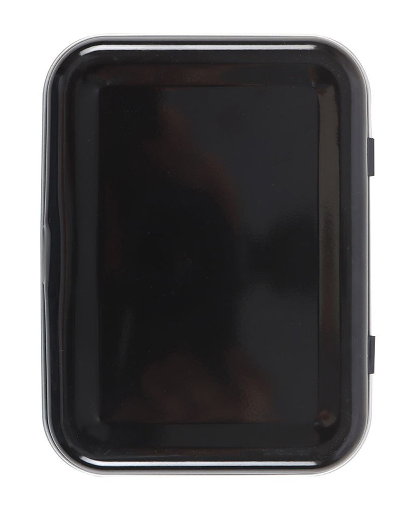 Back view of the Smell the Flowers stash tin by Steven Rhodes, available at Rebel Romance. The tin has a plain glossy black metal finish, keeping the design fun yet discreet.