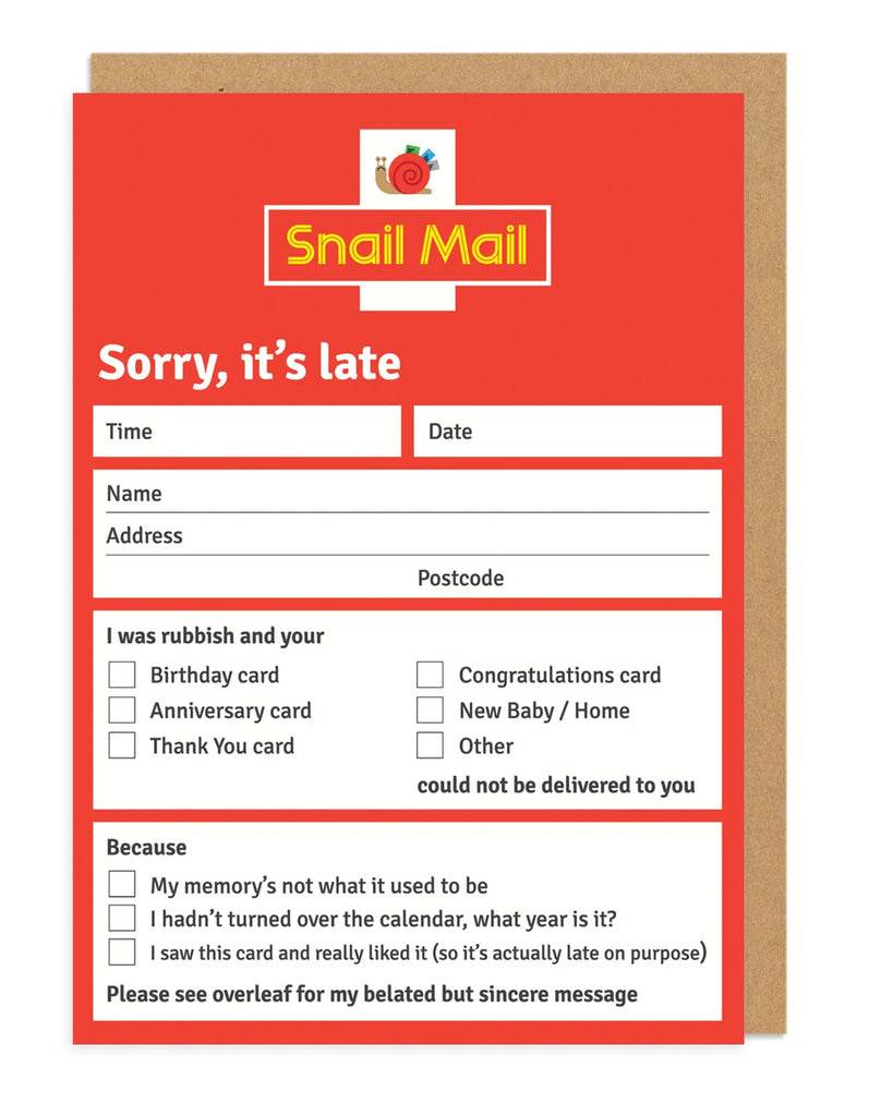 Funny snail mail greeting card in red and yellow designed like a postal delivery form with tick boxes and the text Sorry it’s late by Emma Haywood Curzon Perfect for late birthday or belated thank-you cards comes with brown kraft envelope
