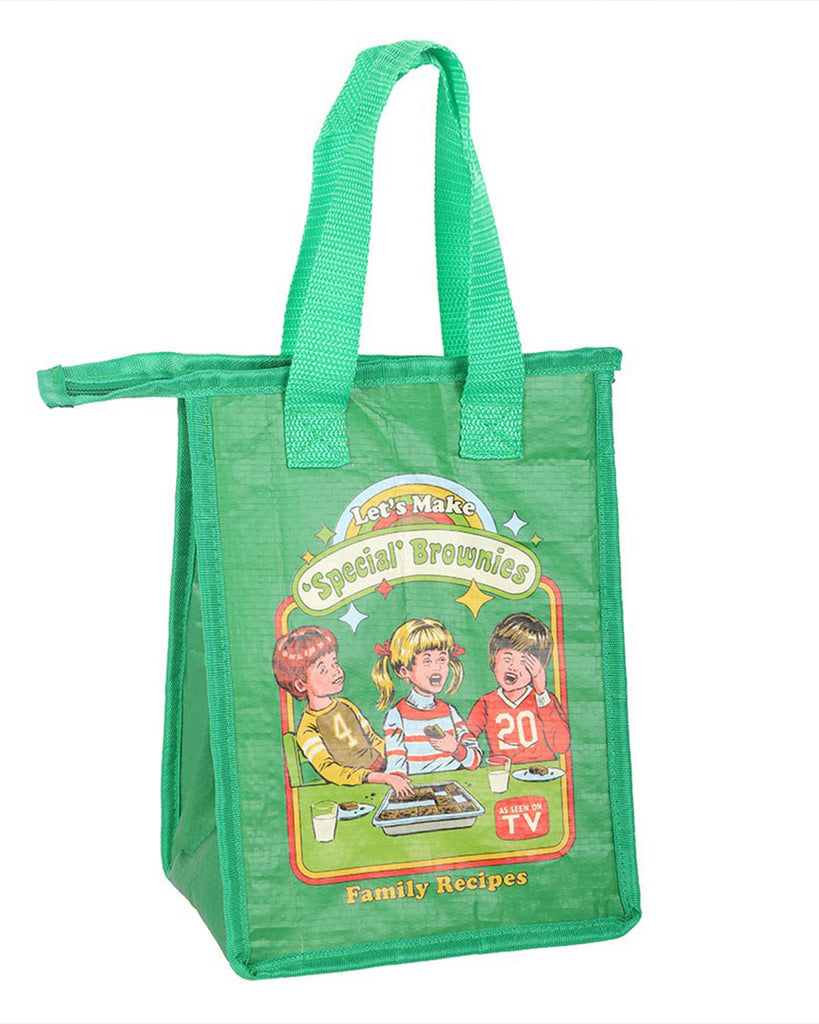 Side angle of Rebel Romance’s green “Let’s Make Special Brownies” lunch bag by Steven Rhodes. Retro-inspired, officially licensed, and made from recycled plastic with a foil lining, this fun insulated bag is ideal for quirky millennials who love alternative gifts.