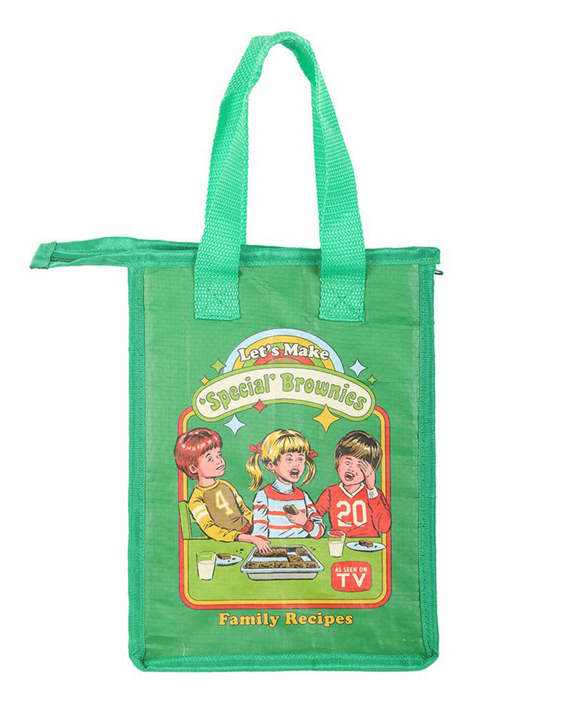 Rebel Romance insulated lunch bag in green featuring Steven Rhodes’ “Let’s Make Special Brownies” retro print. With zip closure and foil-lined interior, this quirky recycled plastic bag keeps food fresh while adding fun and nostalgic alternative style to mealtimes.