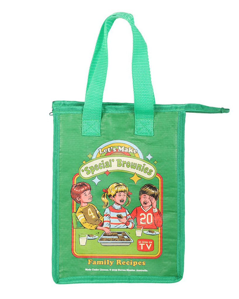 Front view of Rebel Romance’s “Let’s Make Special Brownies” insulated lunch bag by Steven Rhodes. Featuring a humorous retro design with kids baking brownies, this green recycled plastic bag is perfect for carrying lunches, snacks, or leftovers with millennial-approved style.
