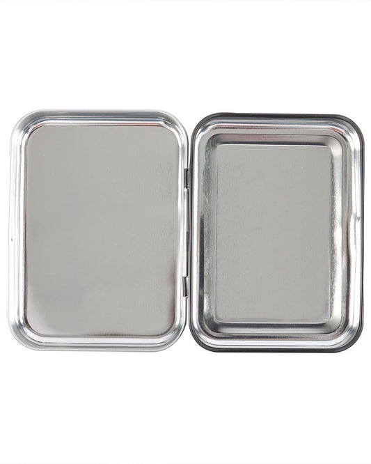 Inside view of the Rebel Romance “Let’s Make Special Brownies” Steven Rhodes stash tin. The silver metal interior has two sections when opened, perfect for safely storing herbs, sweets, or small essentials. A unique retro alternative homeware gift for millennials who love quirky humour and stylish storage.