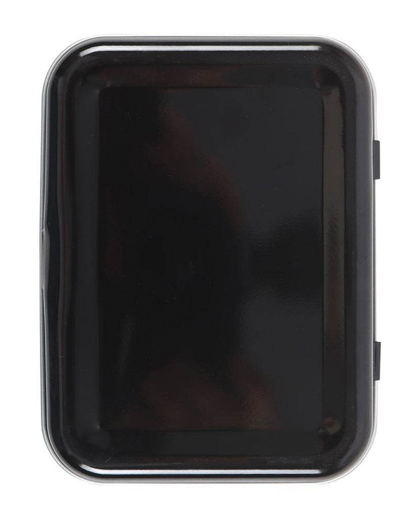 The back view of the Rebel Romance “Let’s Make Special Brownies” Steven Rhodes stash tin. A glossy black rectangular metal tin with rounded edges, ideal for hiding herbs, sweets, or secret treasures. Fun and retro alternative homeware for millennials who love quirky gifts and unusual storage ideas.