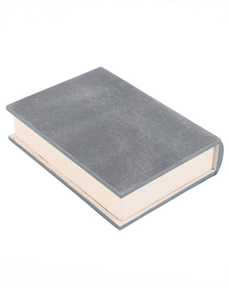 A closed view of the Spells and Curses Book Shaped Storage Box from the alternative store Rebel Romance. The back of the book mimics a vintage grey leather-bound cover, giving it an old-world charm while cleverly disguising its hidden storage function.