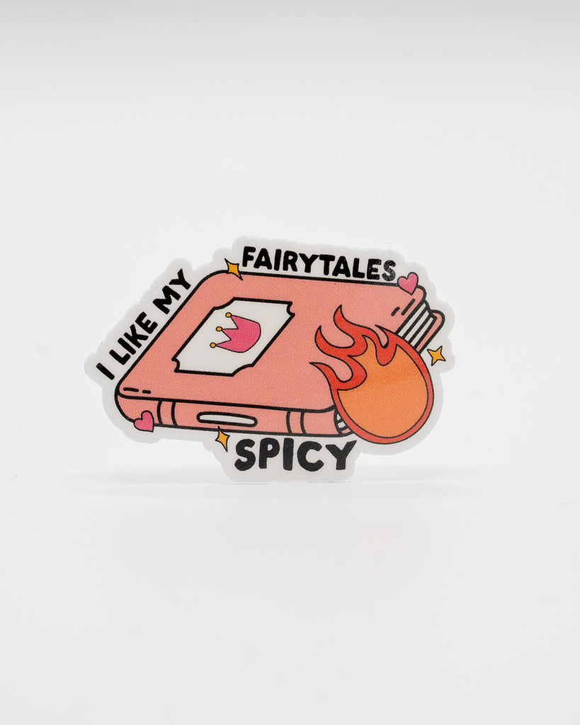 Cheeky die-cut vinyl sticker featuring a pink fairytale book with a crown on the cover, flames, sparkles, and the phrase “I Like My Fairytales Spicy.” A fun and flirty design perfect for spicy romance readers and fantasy fans. Created by Rebel Romance, a small UK brand celebrating alternative fashion, slow style, and bold, millennial-friendly bookish gifts.