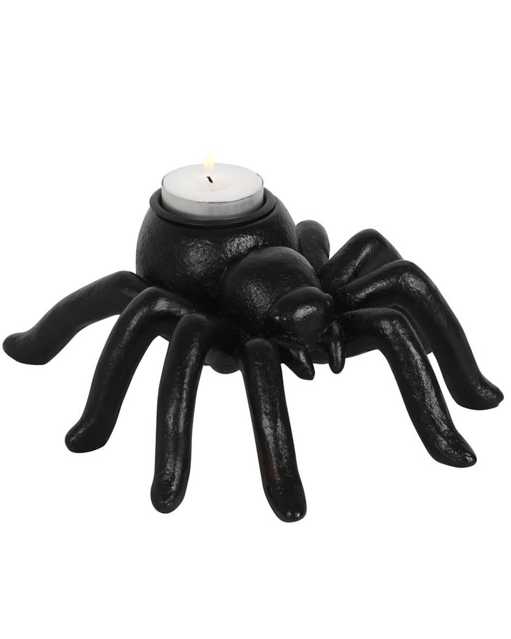  Black spider-shaped tealight holder with a white tealight candle inserted, showing a detailed eight-legged design on a plain white background.