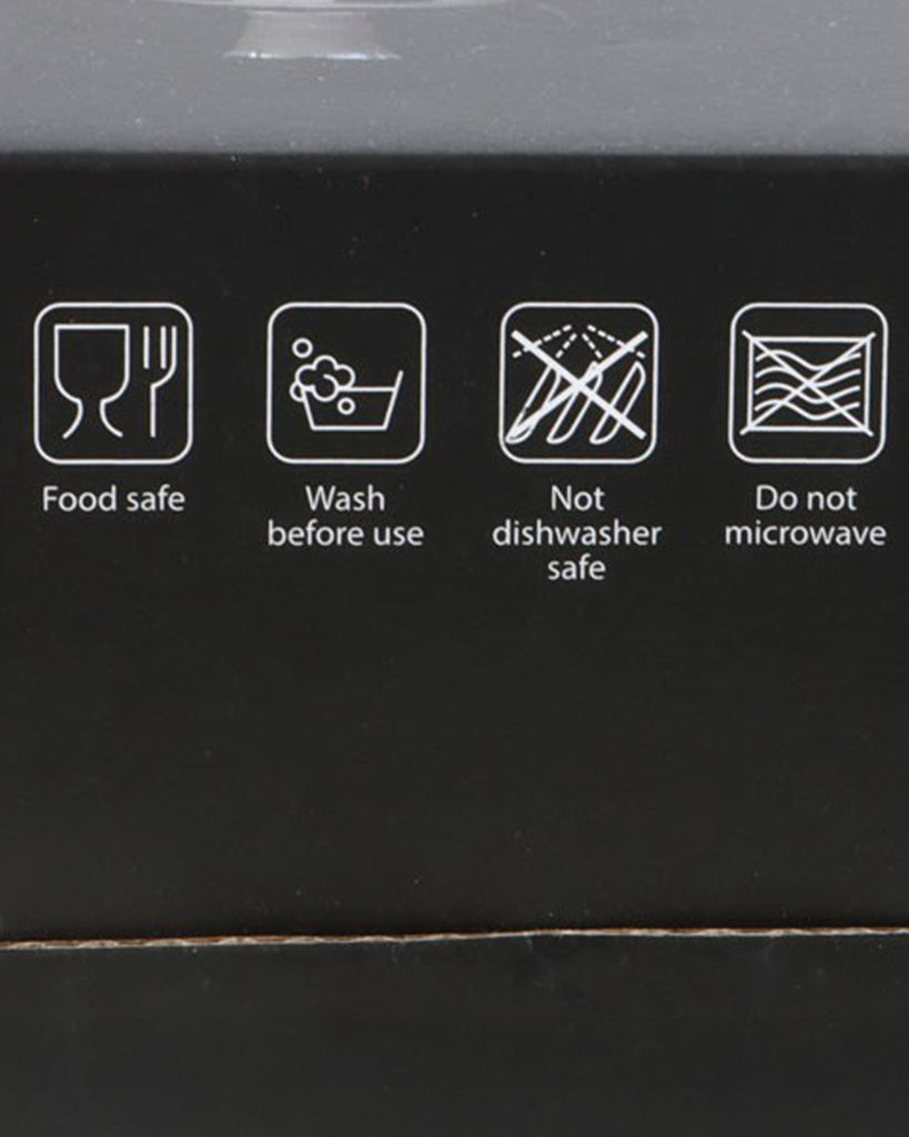 Packaging symbols for the Black Spider Teacup showing food safe, handwash only, not dishwasher safe, and do not microwave icons.