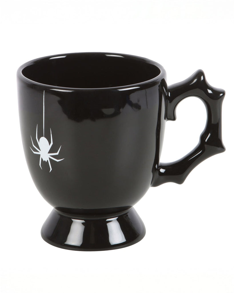 Studio photo of the Black Spider Teacup with thorn-like handle and spider print, ideal for gothic homeware lovers.