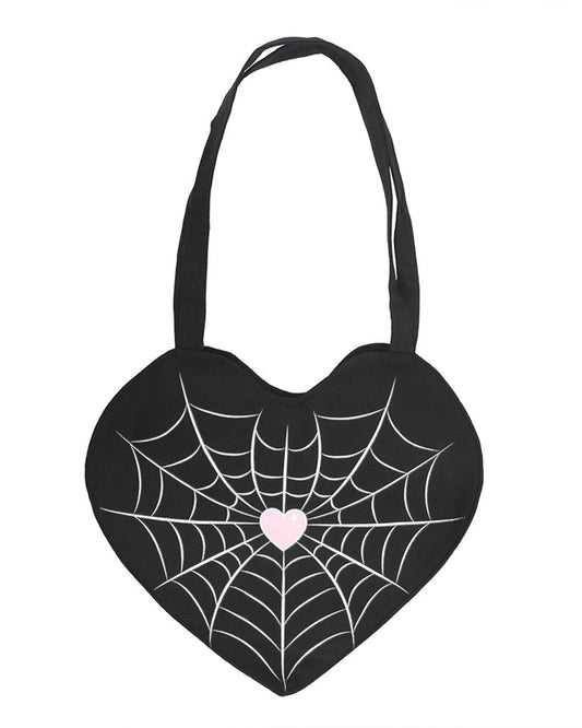 Flat lay image of Rebel Romance’s Spiderweb Heart Tote Bag featuring a white spiderweb print and pink heart on black satin fabric. A gothic yet cute bag from a UK-based small business.