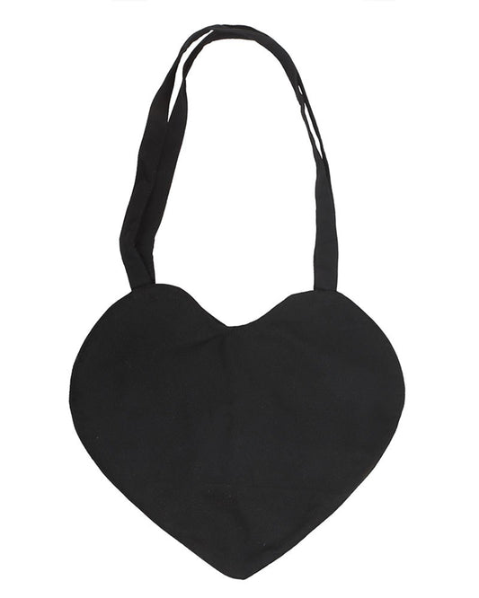 Black heart-shaped tote bag from Rebel Romance shown from the front with plain black fabric, before the spiderweb design is added. Gothic-inspired alternative fashion from a small UK business.