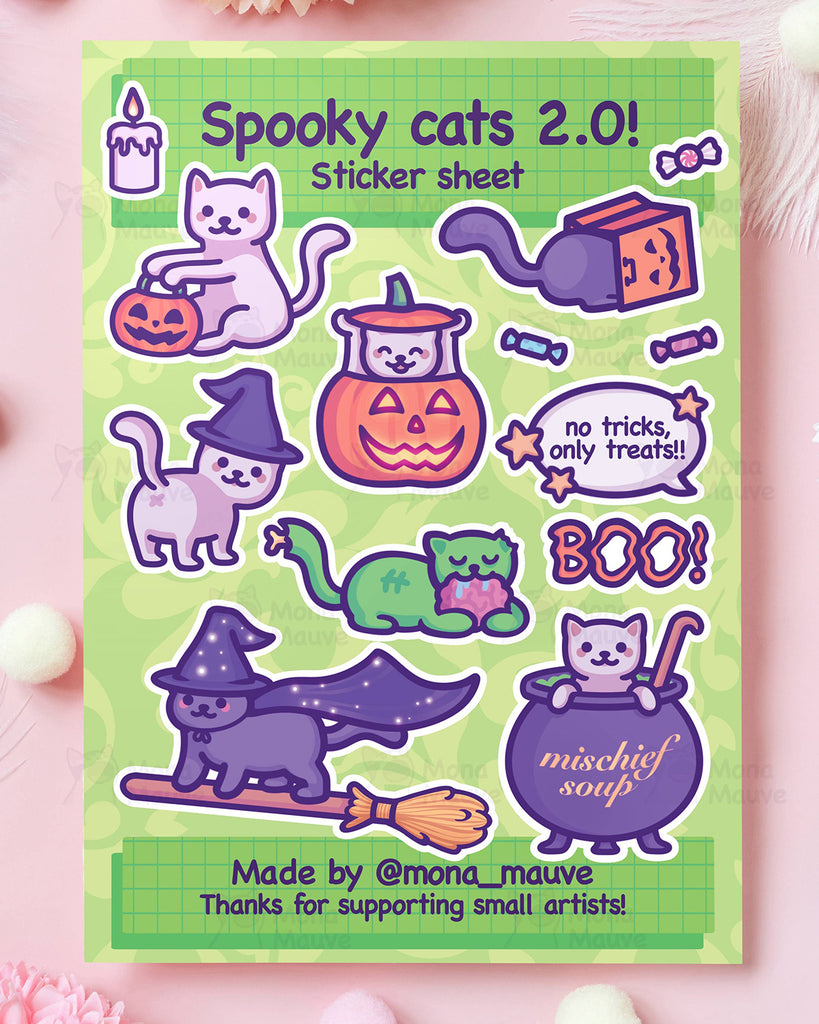 Spooky Cats 2.0 Halloween sticker sheet by Mona Mauve featuring 13 cute vinyl stickers of magical cats with pumpkins, broomsticks, cauldrons, candy, and witch hats. A playful Halloween gift for spooky season lovers, available at Rebel Romance, a small UK business.
