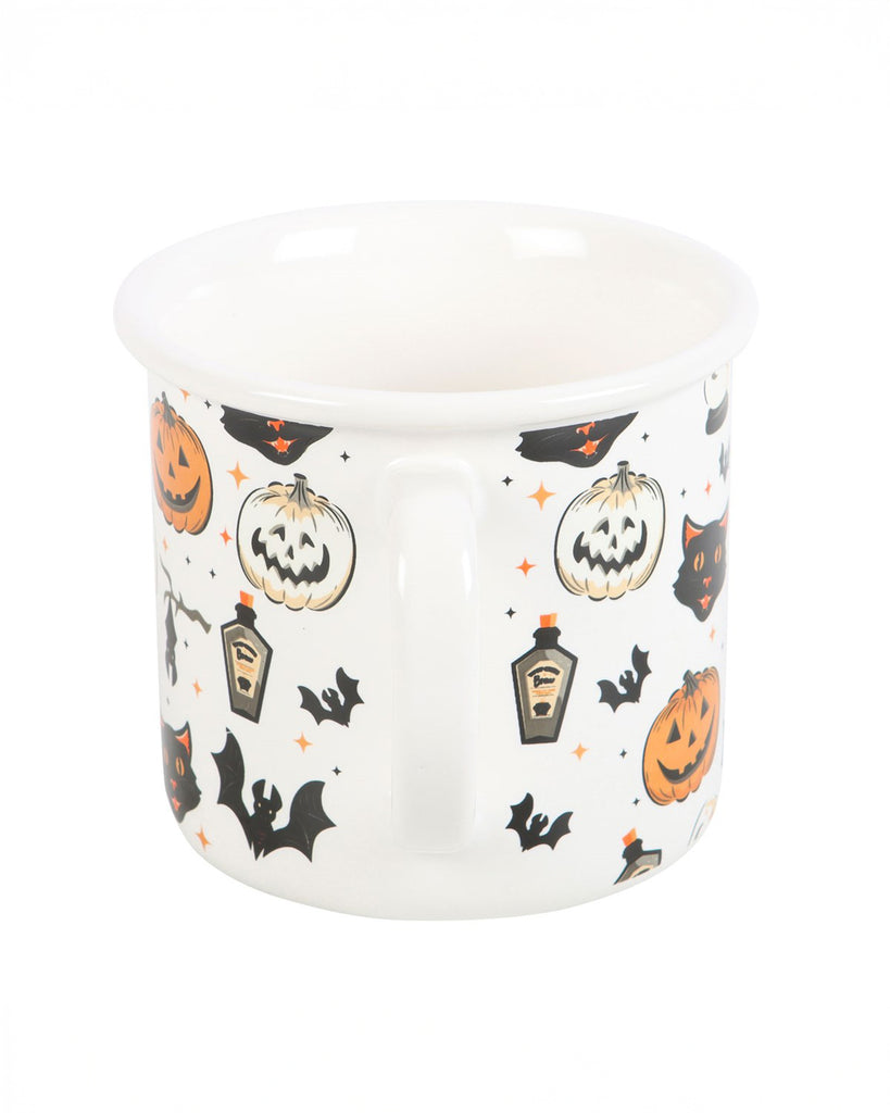 Side view of the Spooky Cat and Pumpkin Print Mug, highlighting the comfortable handle and charming Halloween-themed design.