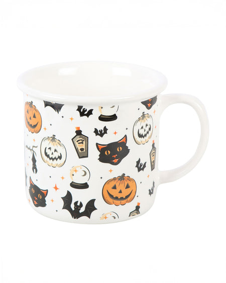 Full view of the Spooky Cat and Pumpkin Print Mug, showcasing retro-inspired Halloween illustrations on a chunky white ceramic mug. Holds 480ml of your favourite brew.