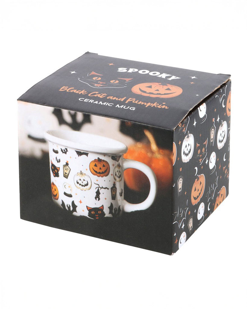Packaging of the Spooky Cat and Pumpkin Print Mug, featuring the product image, vintage Halloween motifs, and Rebel Romance branding.