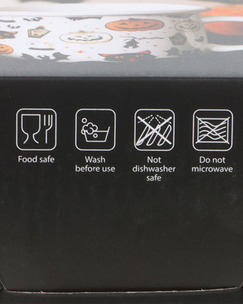 Care instructions for the Spooky Cat and Pumpkin Print Mug: food safe, wash before use, not dishwasher safe, and not microwave safe.
