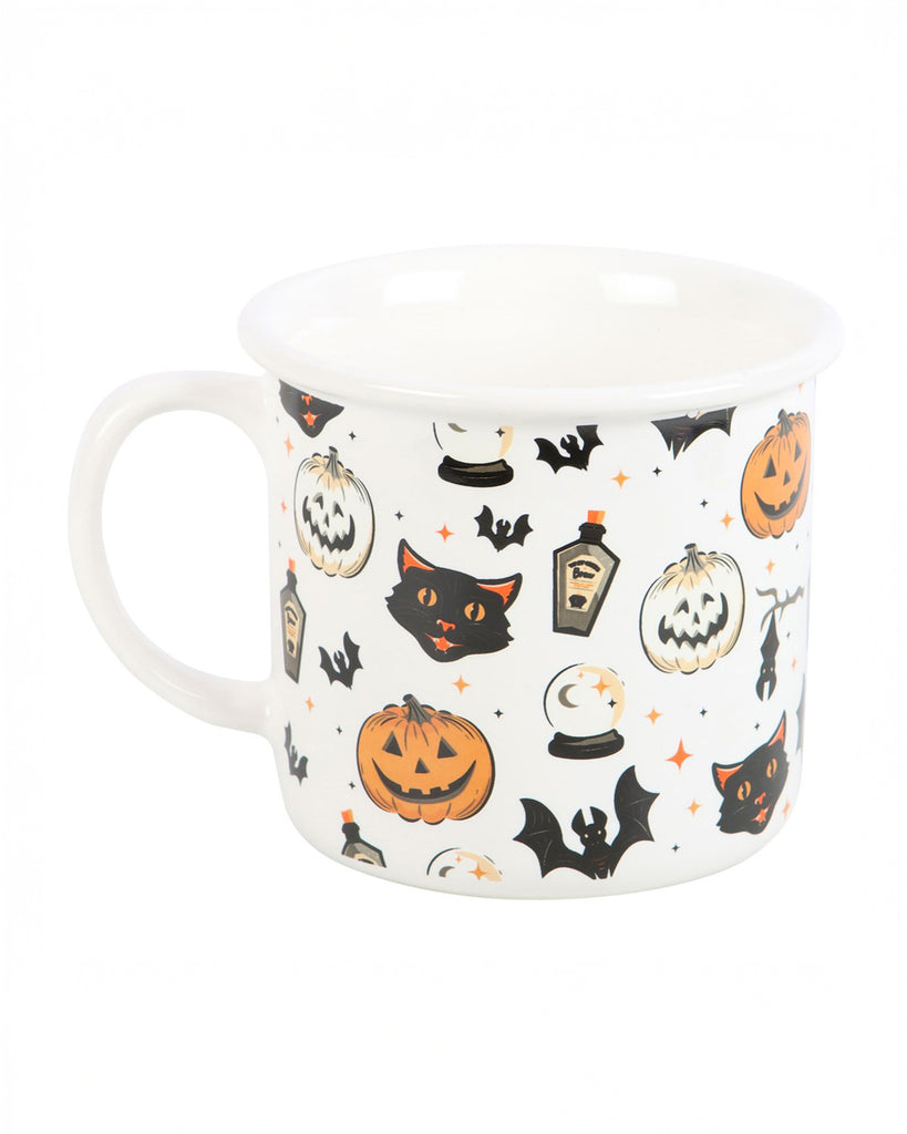 Front view of the Spooky Cat and Pumpkin Print Mug, adorned with cute black cats, bats, jack-o'-lanterns, and spooky stars, perfect for Halloween enthusiasts.