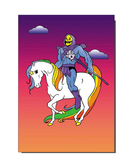 Skeletor on a Rainbow Unicorn Card
Illustration of Skeletor riding a white unicorn with a flowing rainbow-coloured mane and tail, set against a gradient sunset background of purples, pinks, and oranges. A bold and vibrant card design by Bite Your Granny.