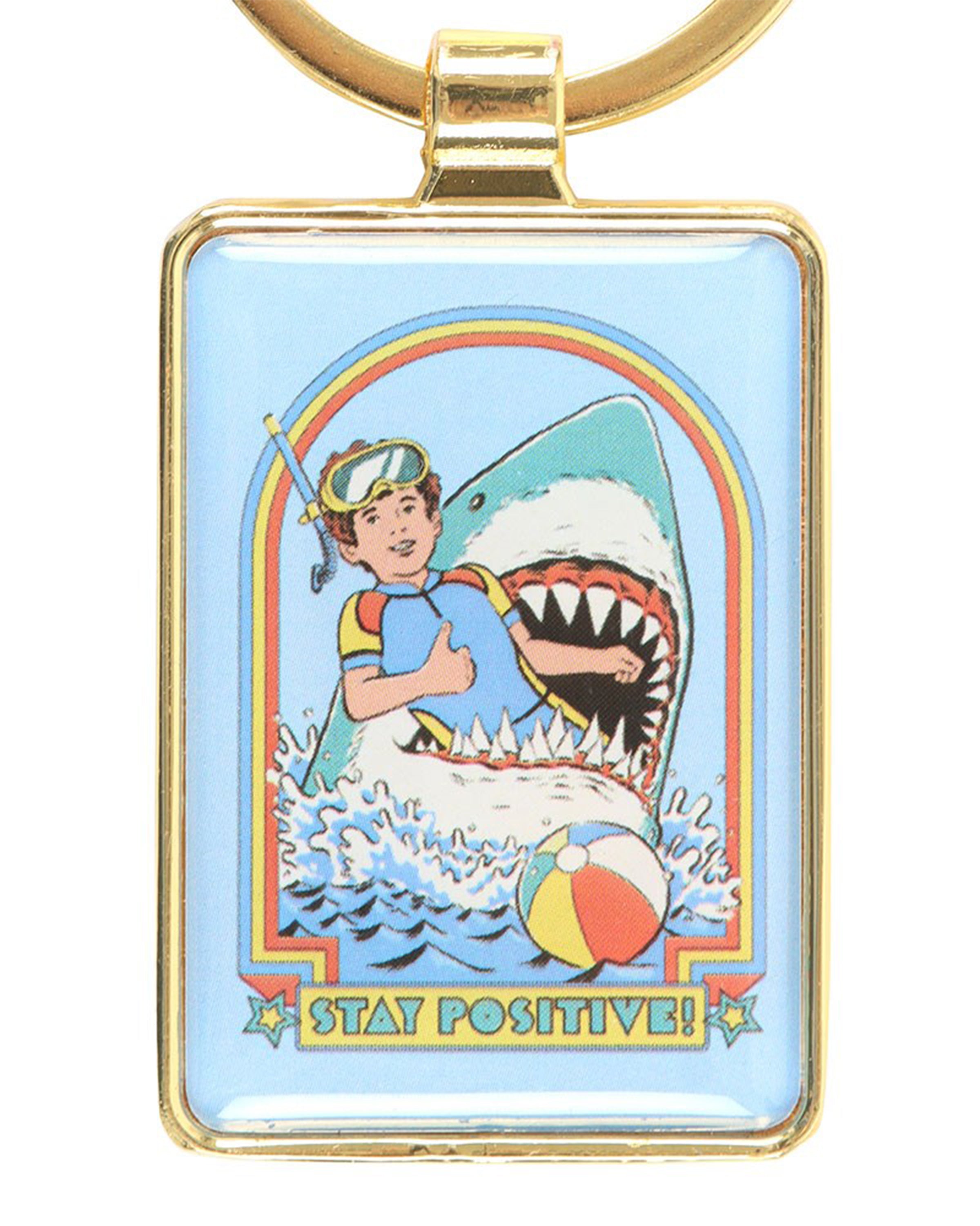 Rebel Romance Steven Rhodes Stay Positive keyring featuring a retro snorkeller giving a thumbs up while being attacked by a shark. Fun, dark humour enamel design with a gold frame. Perfect alternative gift for millennials who love quirky accessories.