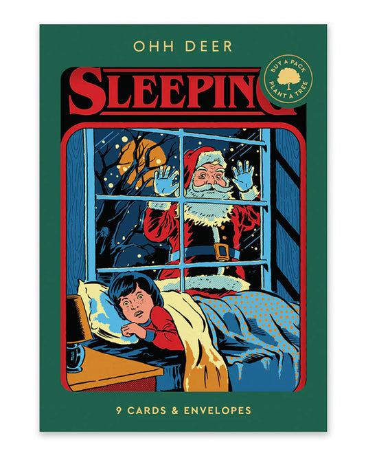 A boxed set of nine Steven Rhodes Christmas cards from Rebel Romance featuring retro dark humour designs like creepy Santa and Krampus. Includes envelopes. Ideal for those who love weird, vintage-style festive greetings with a twisted twist.