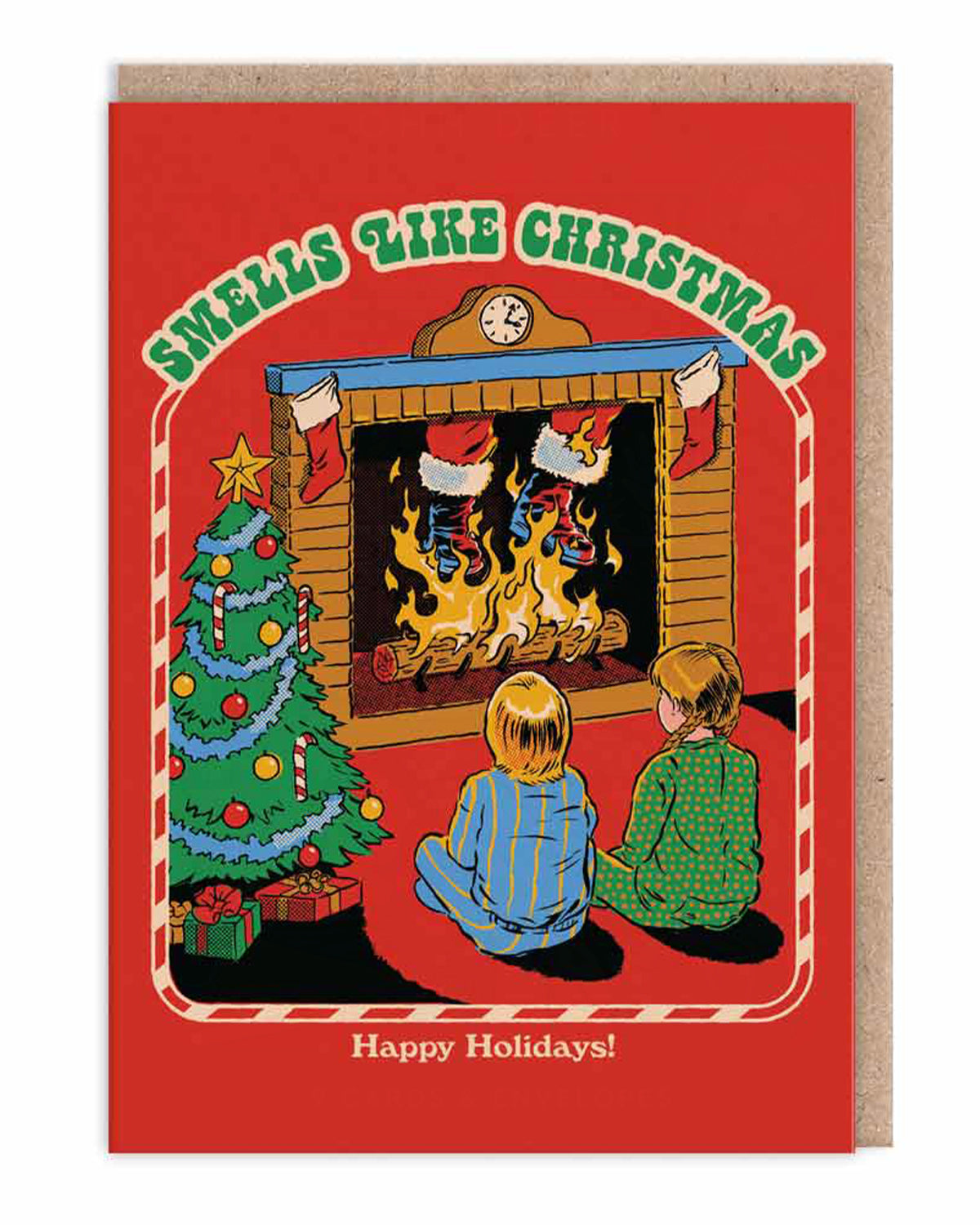 Funny and slightly disturbing retro Christmas card by Steven Rhodes showing two kids watching Santa's legs burning in a fireplace. Caption says 