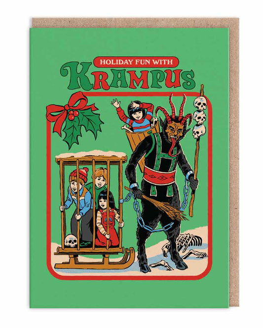 Steven Rhodes Krampus-themed Christmas card in vintage comic style, showing Krampus dragging kids in a cage on a snowy sledge. Caption reads "Holiday Fun with Krampus". Perfect for lovers of dark festive humour. Sold by Rebel Romance, a UK alt lifestyle brand.