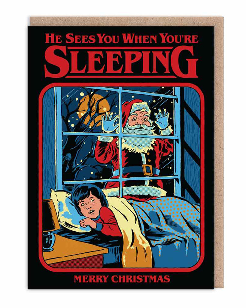 Retro-style Christmas card by Steven Rhodes featuring a creepy Santa peeking through a bedroom window at a terrified child, with the caption "He Sees You When You're Sleeping". Dark humour festive card sold by Rebel Romance, a UK brand for alternative millennials.
