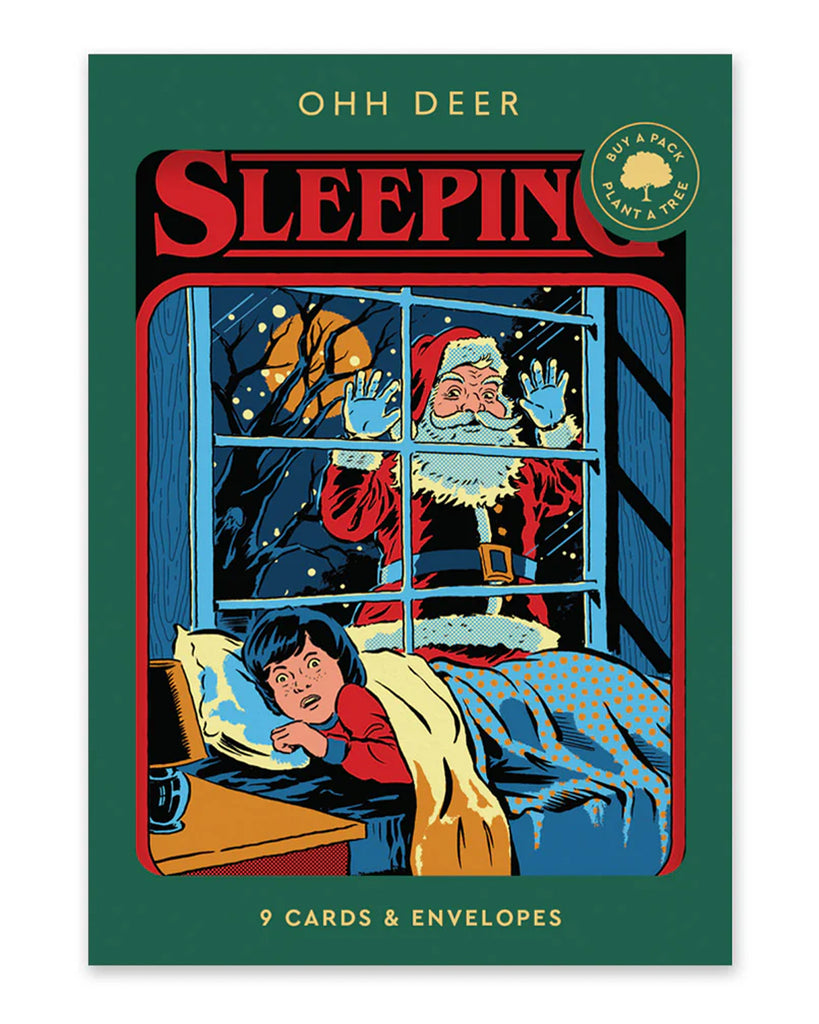 A boxed set of nine Steven Rhodes Christmas cards from Rebel Romance featuring retro dark humour designs like creepy Santa and Krampus. Includes envelopes. Ideal for those who love weird, vintage-style festive greetings with a twisted twist.