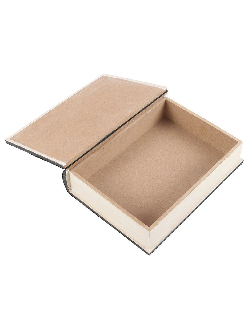 A mystical book-shaped storage box featuring a grey cover with the title “The Magic of Crystals” and illustrations of crystals, stars, moons, and celestial motifs. Shown open to reveal a secret compartment, perfect for storing jewellery, trinkets, or crystals. Ideal for gothic or witchy home decor.