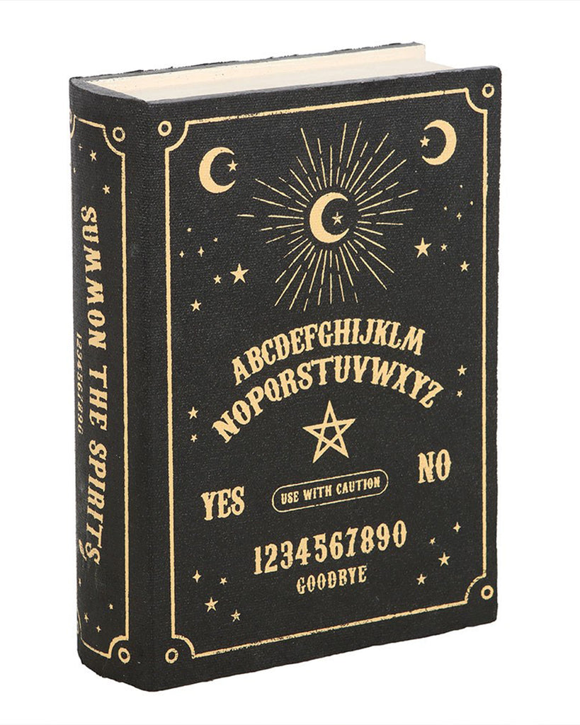 Front view of the Black Talking Board Book Storage Box by Rebel Romance. The black cover features gold celestial designs, an alphabet, numbers, and the phrases "Yes," "No," and "Goodbye," mimicking a classic talking board.