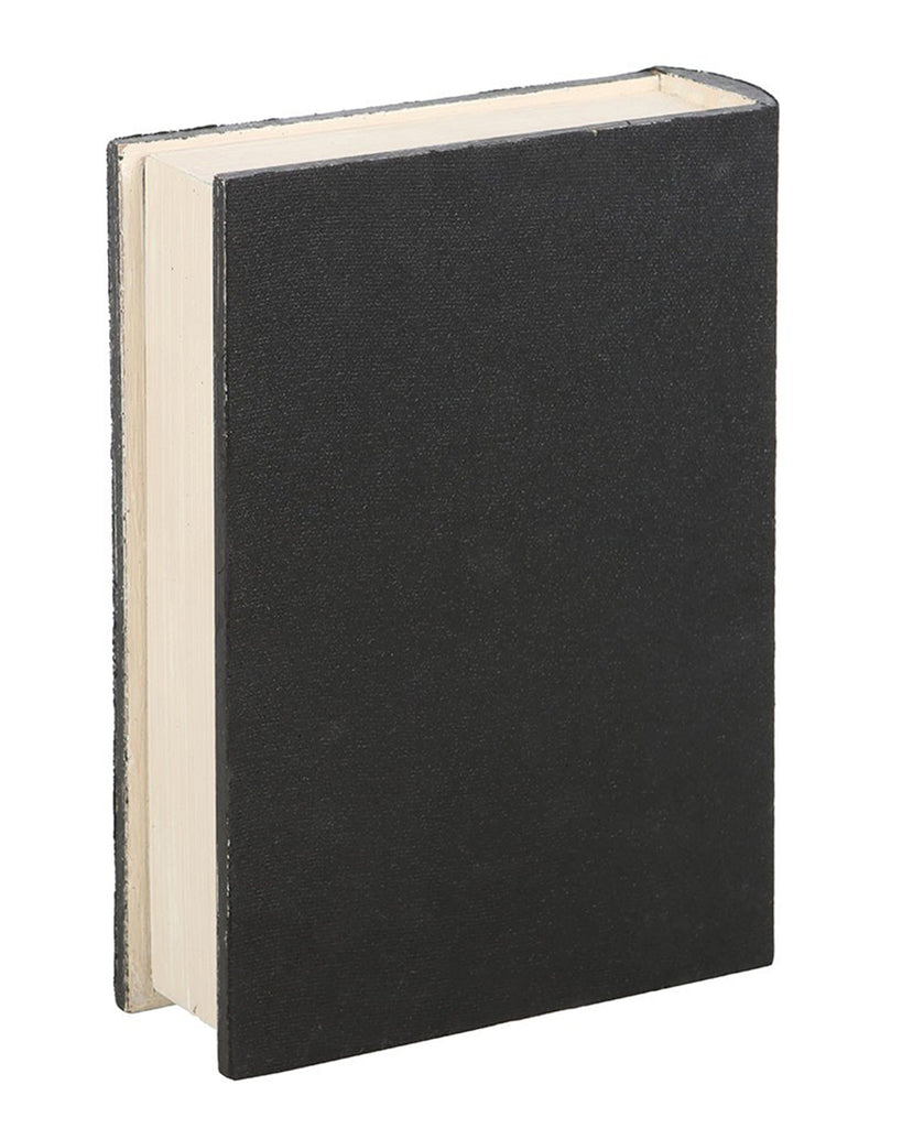 Back view of the closed Black Talking Board Book Storage Box by Rebel Romance. The cover is plain black, resembling a vintage hardback book, perfect for discreet storage on any shelf or table.