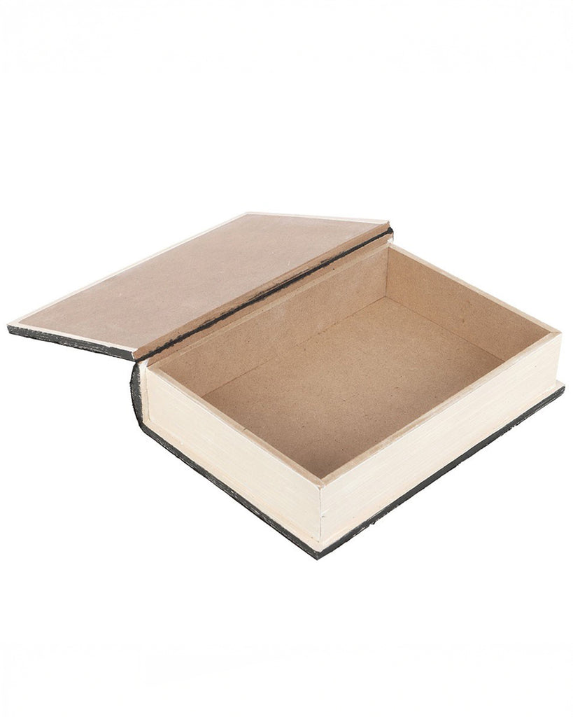Inside view of the Black Talking Board Book Storage Box by Rebel Romance, showing its hollow interior. The box opens like a book, revealing a spacious compartment for storing keys, jewellery, or other small items, crafted from sturdy MDF.