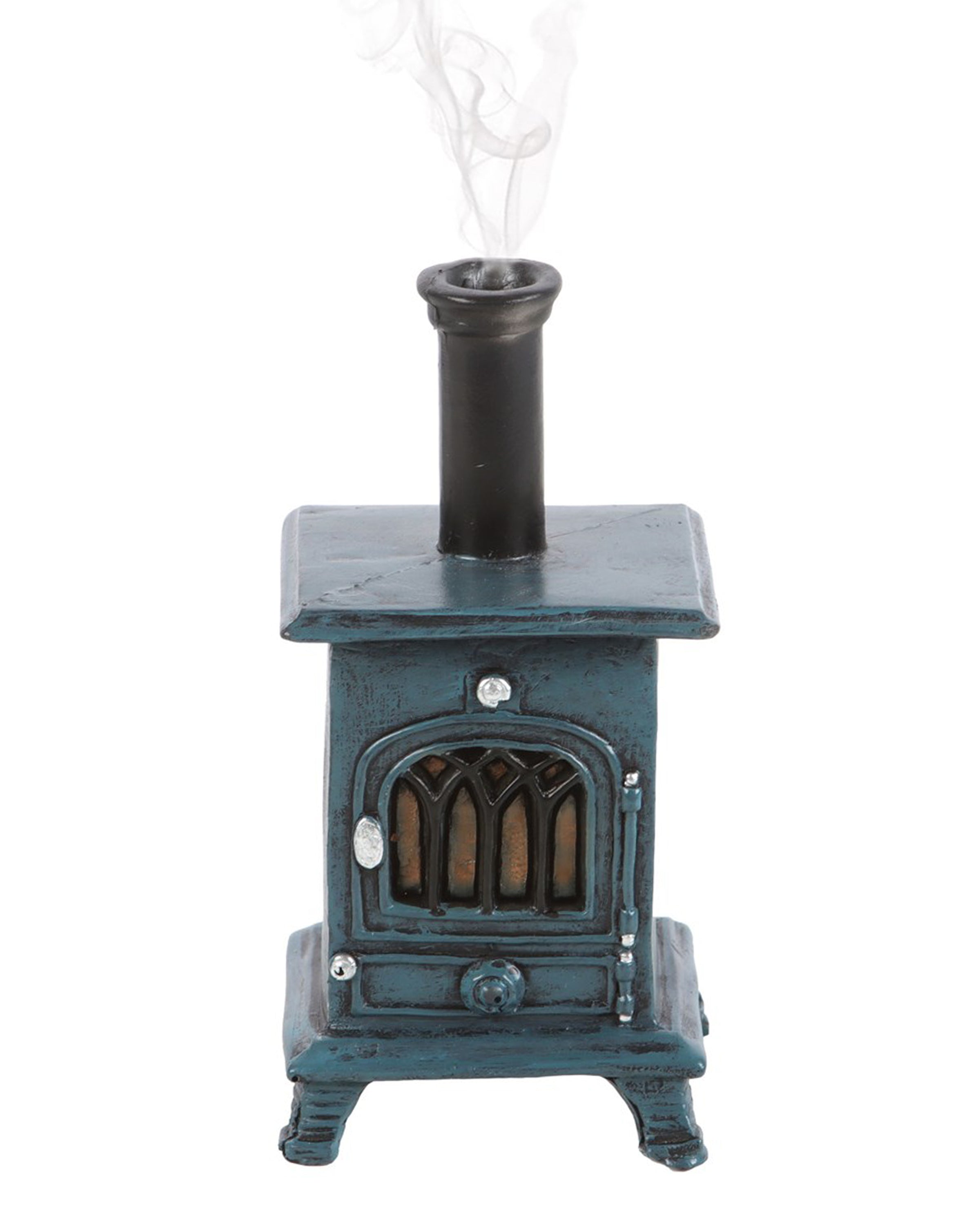 Front view of the Rebel Romance Stove Incense Burner with smoke gently rising from the chimney. Perfect for creating a warm, relaxing atmosphere during winter or anytime.