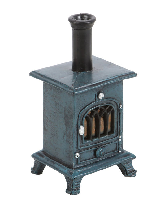 Side angle of the Rebel Romance miniature stove incense burner featuring intricate front detailing and chimney top. A stylish and functional gift for gothic or rustic home décor lovers.