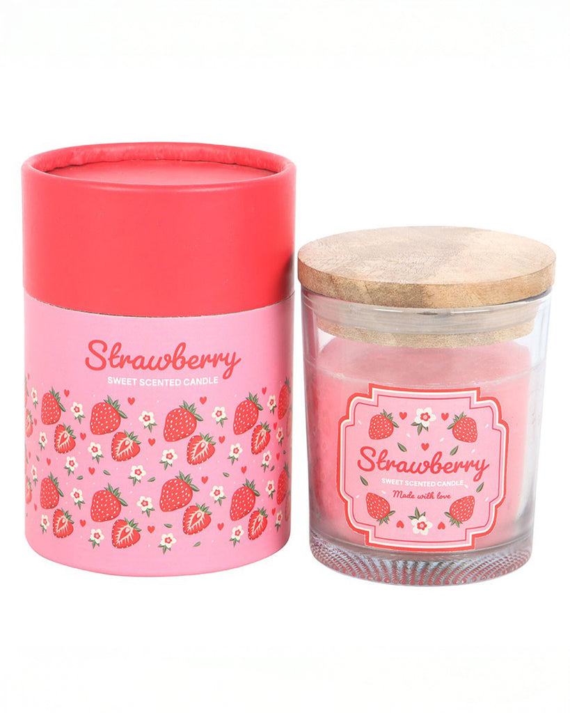 Strawberry Scented Candle in glass jar with floral and fruit design, paired with its coordinating cylindrical gift box. A sweet, playful gift idea from Rebel Romance, a UK brand celebrating alternative style.