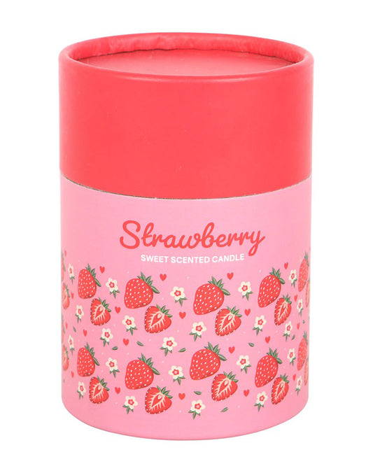 Pink and red cylinder gift box for Rebel Romance’s Strawberry Scented Candle, decorated with cute illustrated strawberries and tiny flowers. A sweet homeware gift from a UK small biz.