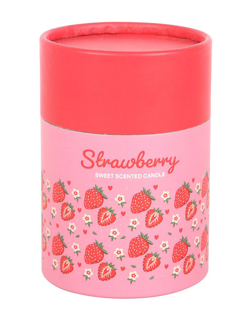 Pink and red cylinder gift box for Rebel Romance’s Strawberry Scented Candle, decorated with cute illustrated strawberries and tiny flowers. A sweet homeware gift from a UK small biz.