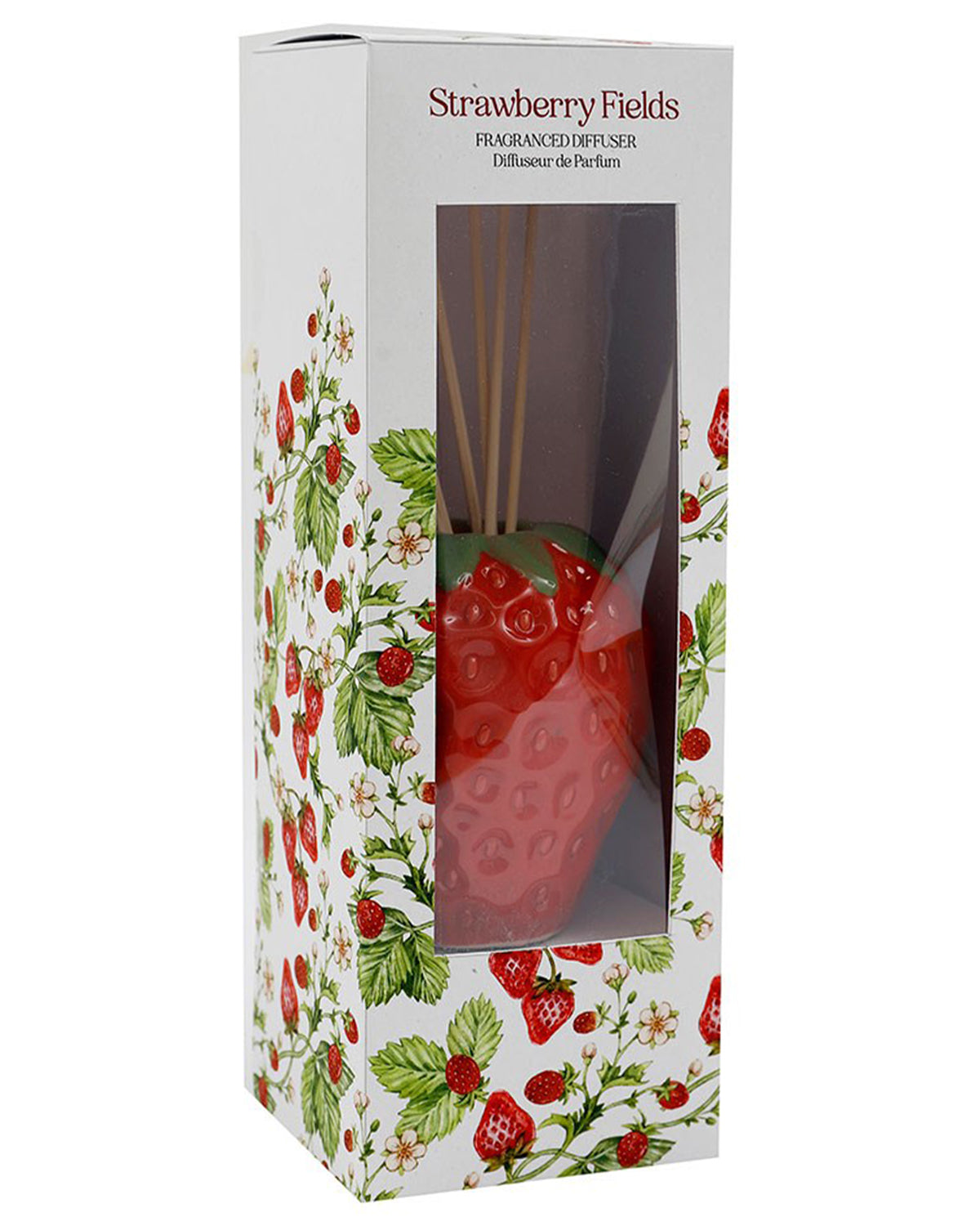 A beautifully packaged Strawberry Fields Reed Diffuser from Rebel Romance, a cottagecore shop. The box features a charming vintage-style strawberry print with a clear window displaying the red ceramic strawberry-shaped diffuser inside.
