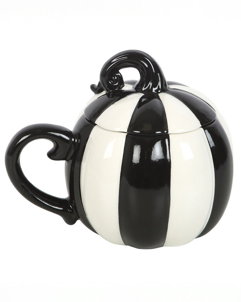 Side view of the Rebel Romance black and white striped pumpkin mug featuring the curled handle and lid stalk. A fun, eye-catching design for lovers of gothic style and whimsical drinkware.