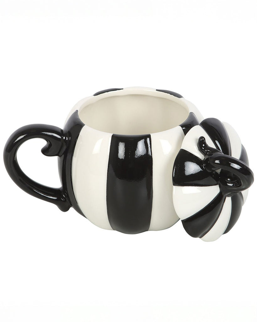 Top-down angled view of the Rebel Romance striped pumpkin mug with the lid removed and placed to the side. Shows the spacious interior and curved ceramic handle—ideal for cosy drinks or alternative homeware fans.
