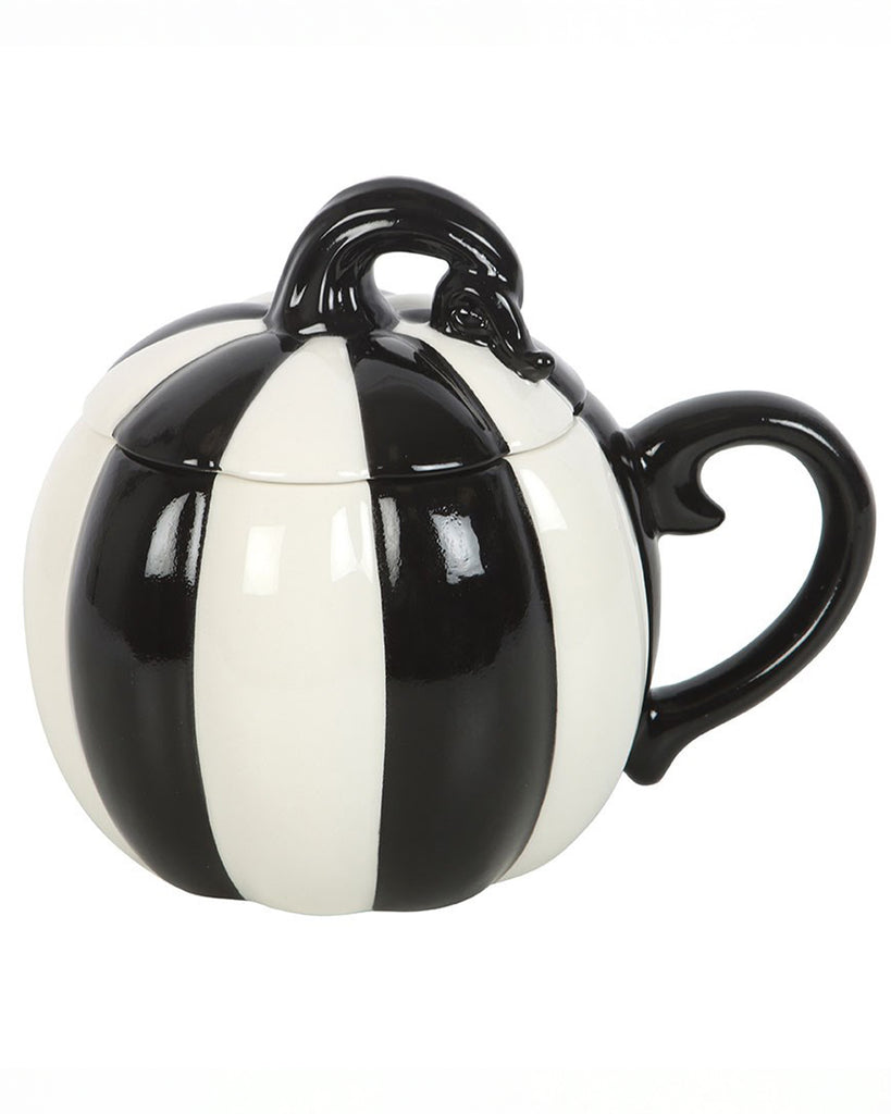 Black and white striped ceramic pumpkin-shaped lidded mug with a curled gothic-style handle and lid stalk, designed by Rebel Romance. Perfect for spooky drinks, cosy evenings, or gifting. The quirky monochrome design adds a bold alternative twist to any kitchenware collection.