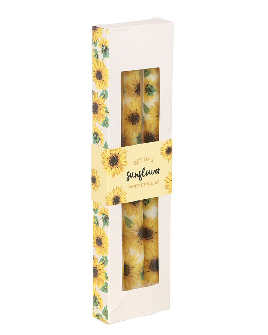 A set of 3 sunflower taper candles in a rectangular box with sunflower-themed packaging. The candles are bright yellow with realistic sunflower prints, visible through a clear window. The packaging has a sunflower pattern on the sides and a yellow label that reads 