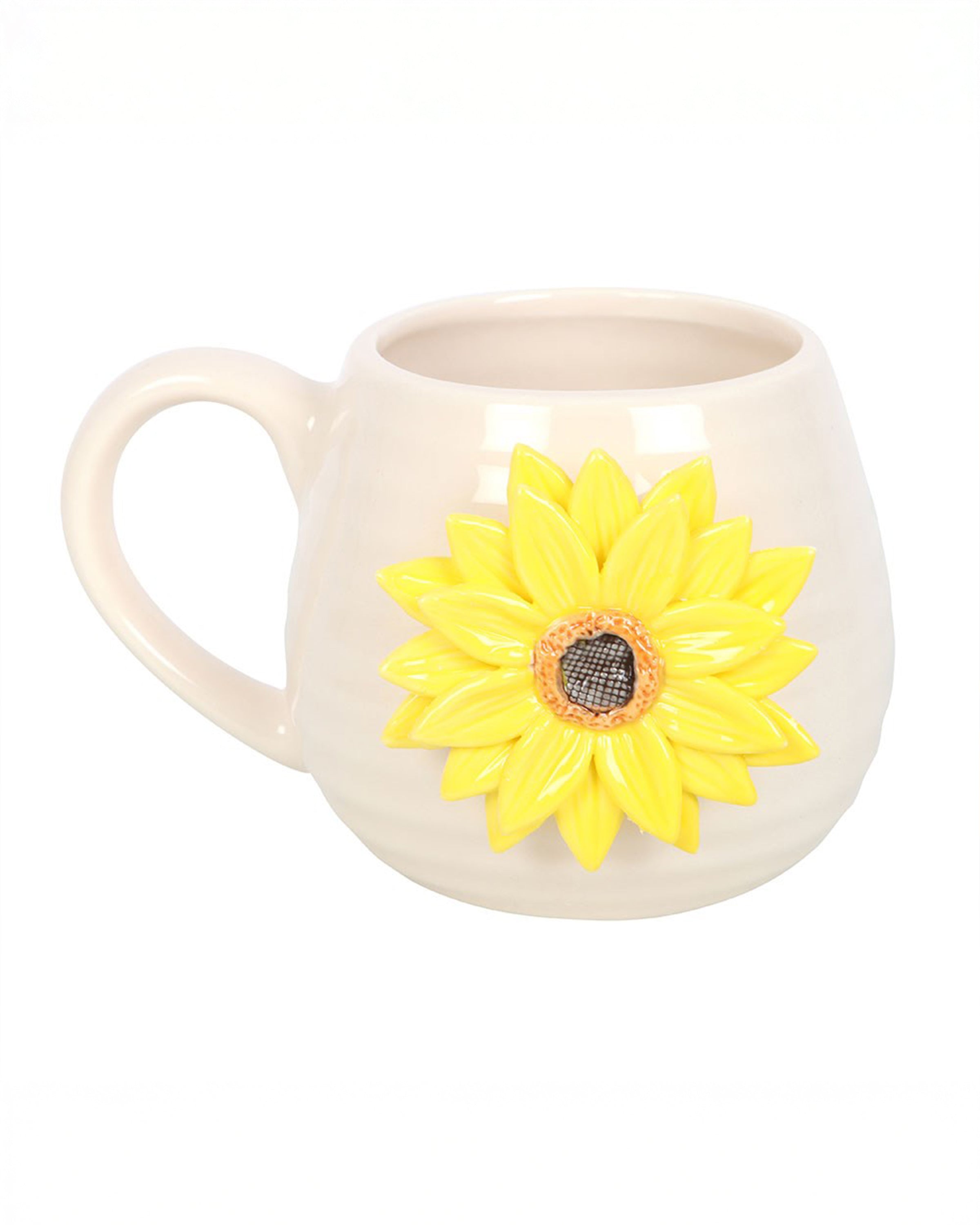 Front view of the Rebel Romance Hello Sunshine rounded ceramic mug with a detailed 3D sunflower motif in yellow and brown, adding bold, uplifting charm to your favourite hot drink.