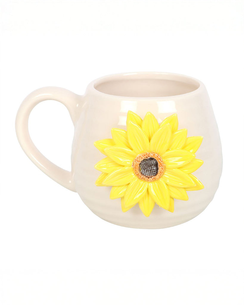 Front view of the Rebel Romance Hello Sunshine rounded ceramic mug with a detailed 3D sunflower motif in yellow and brown, adding bold, uplifting charm to your favourite hot drink.