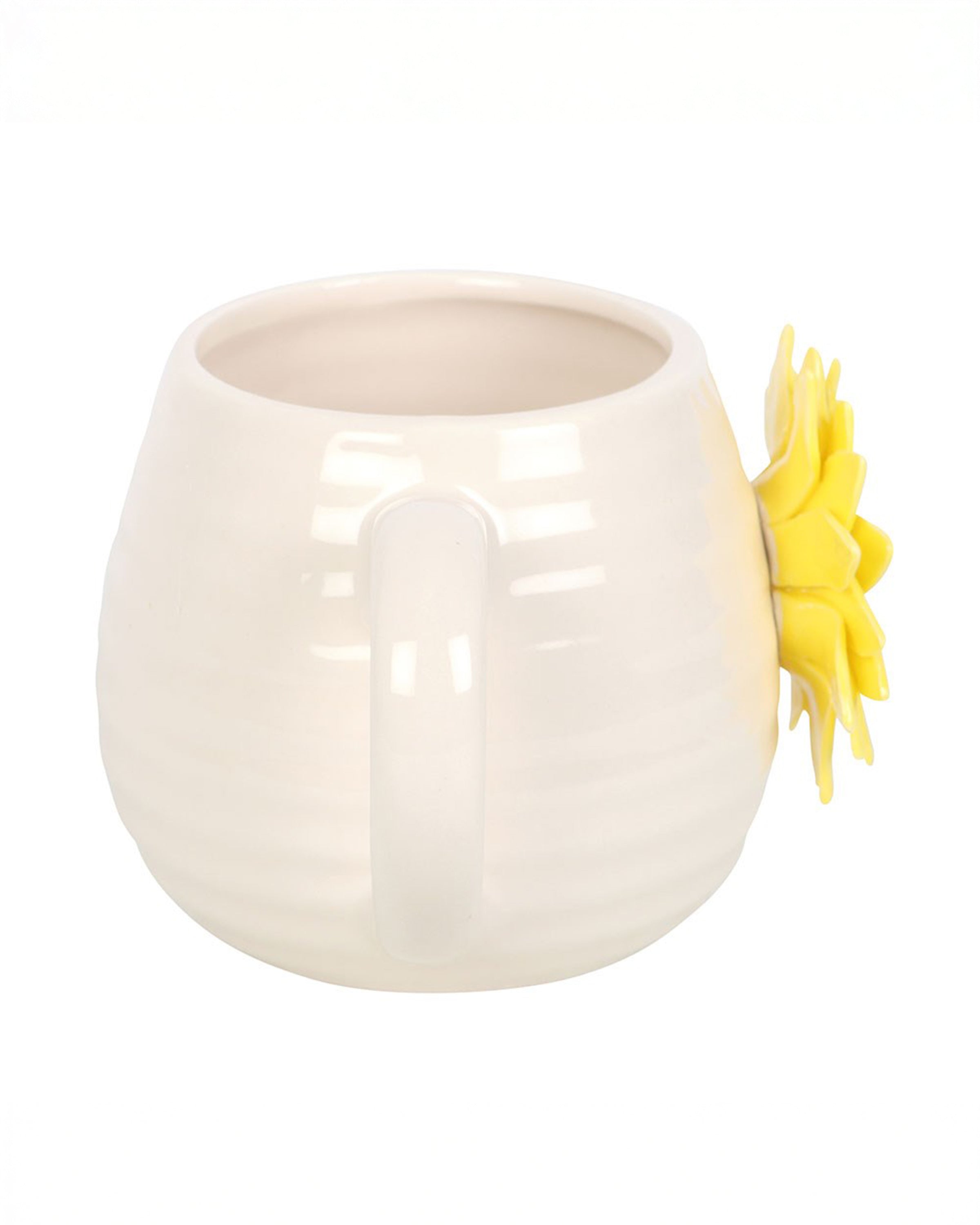 Back view of the Rebel Romance Hello Sunshine rounded ceramic mug, highlighting its smooth cream handle and a glimpse of the vibrant 3D sunflower detail on the front.