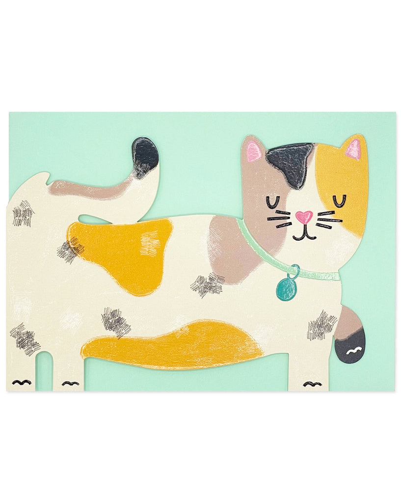 Cute tabby cat die cut greeting card with emboss and spot UV finish, perfect for birthdays or any occasion.