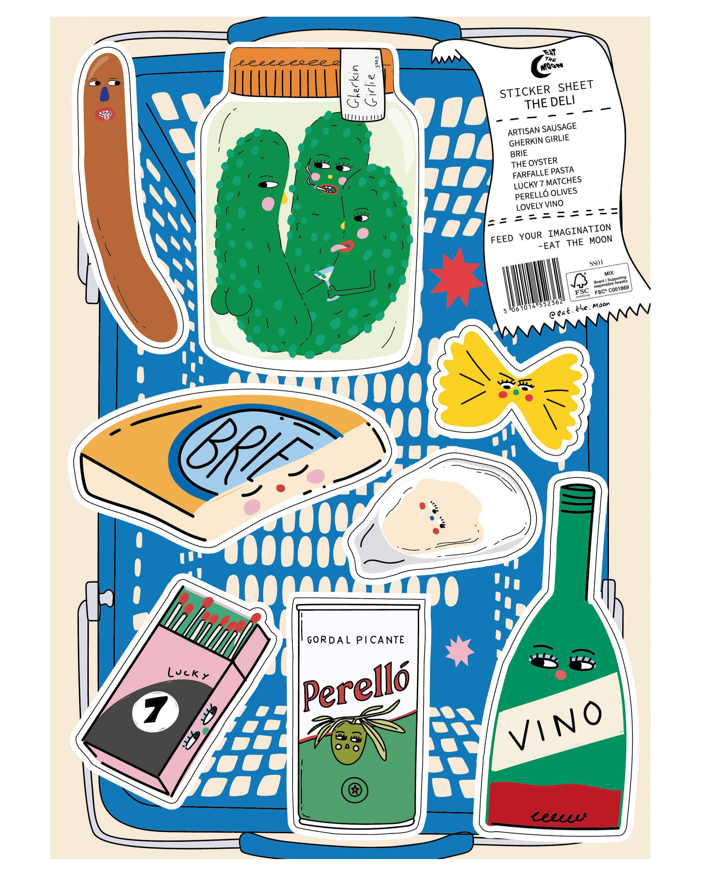 A5 sticker sheet featuring illustrated deli foods, including gherkins in a jar, a wedge of brie, a bottle of wine, a tin of olives, a sausage, a pasta bow, an oyster and a matchbox, all with fun faces. Perfect for decorating stationery and gadgets.