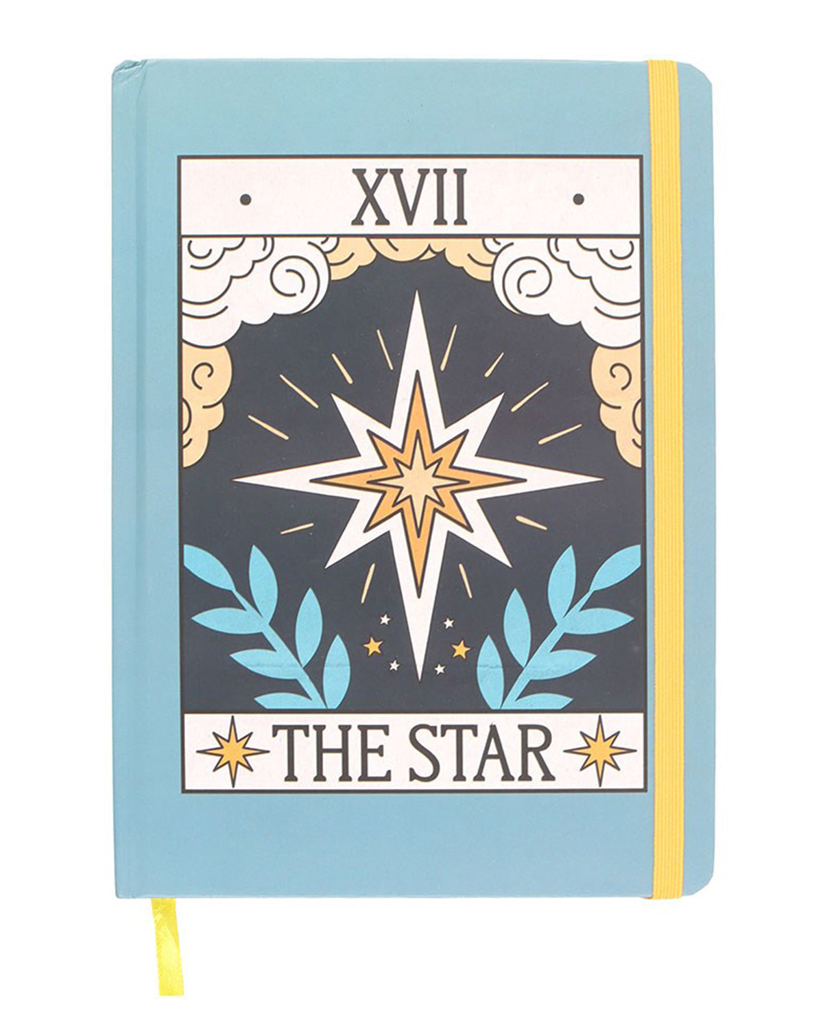 A pastel blue A5 notebook with a vintage-style ‘The Star’ tarot card cover design in orange, white, and blue with celestial symbols. Features a yellow elastic strap and matching ribbon marker.