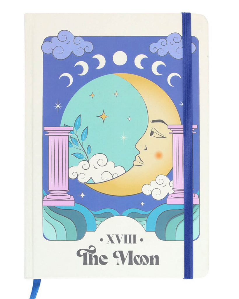 Front view of The Moon Celestial A5 Notebook – Close-up of the notebook cover featuring a serene moon design, purple pillars, soft clouds, and vibrant stars, with a blue elastic closure and ribbon bookmark.
