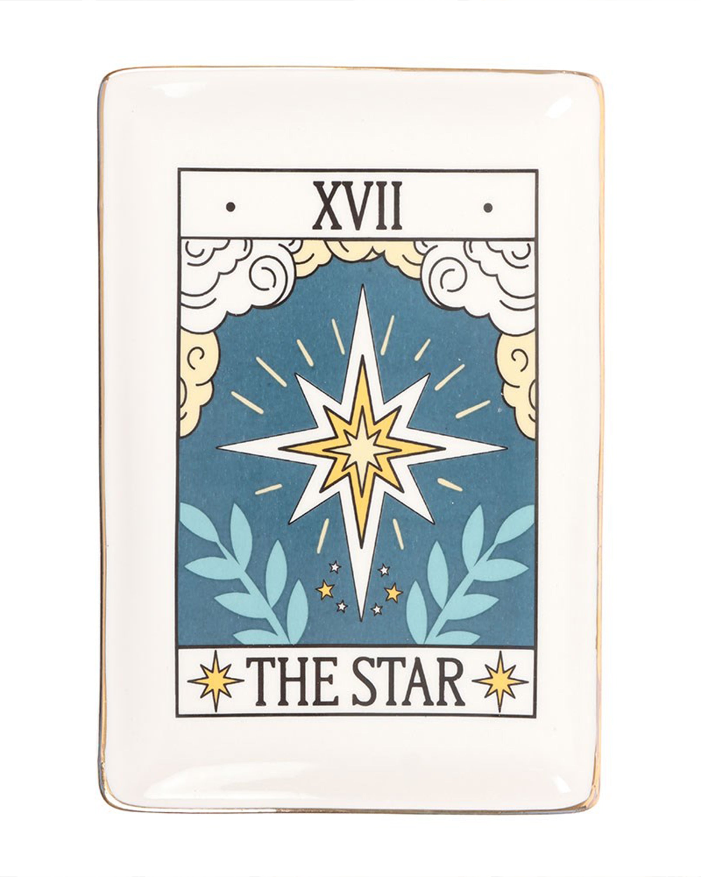 A front-facing view of the Rebel Romance The Star tarot-inspired trinket dish with gold edging. The ceramic dish shows a bold celestial star motif, ideal for jewellery or small keepsakes on your vanity or desk.