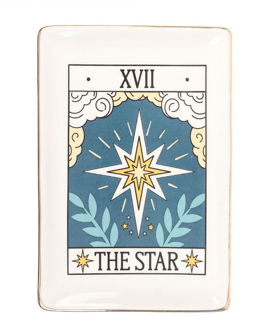 A front-facing view of the Rebel Romance The Star tarot-inspired trinket dish with gold edging. The ceramic dish shows a bold celestial star motif, ideal for jewellery or small keepsakes on your vanity or desk.
